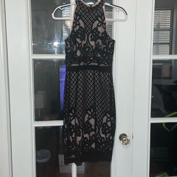 ASOS floral lace halter bodycon midi pencil black dress w/ high neckline size 6 - Picture 12 of 16
